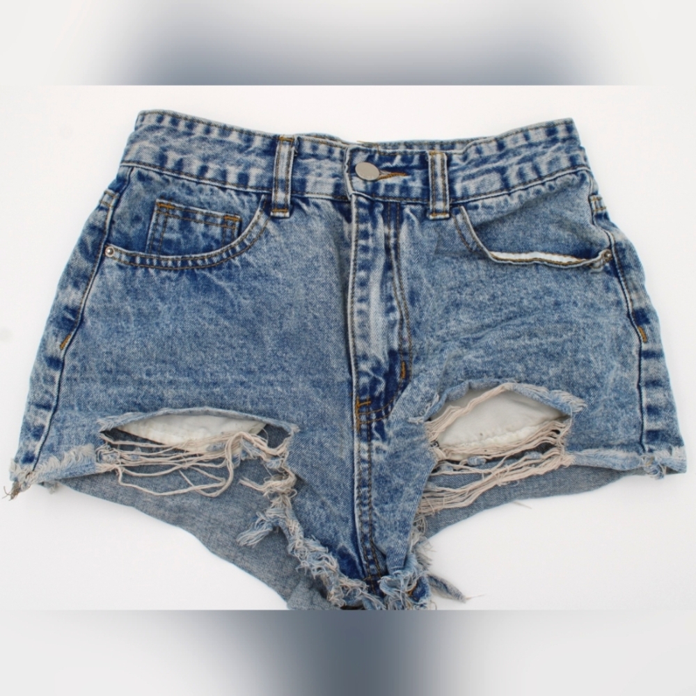 Shein Juniors Blue Stonewash Booty Shorts – XS | Drippy Smiley Face Graphic - Picture 2 of 5